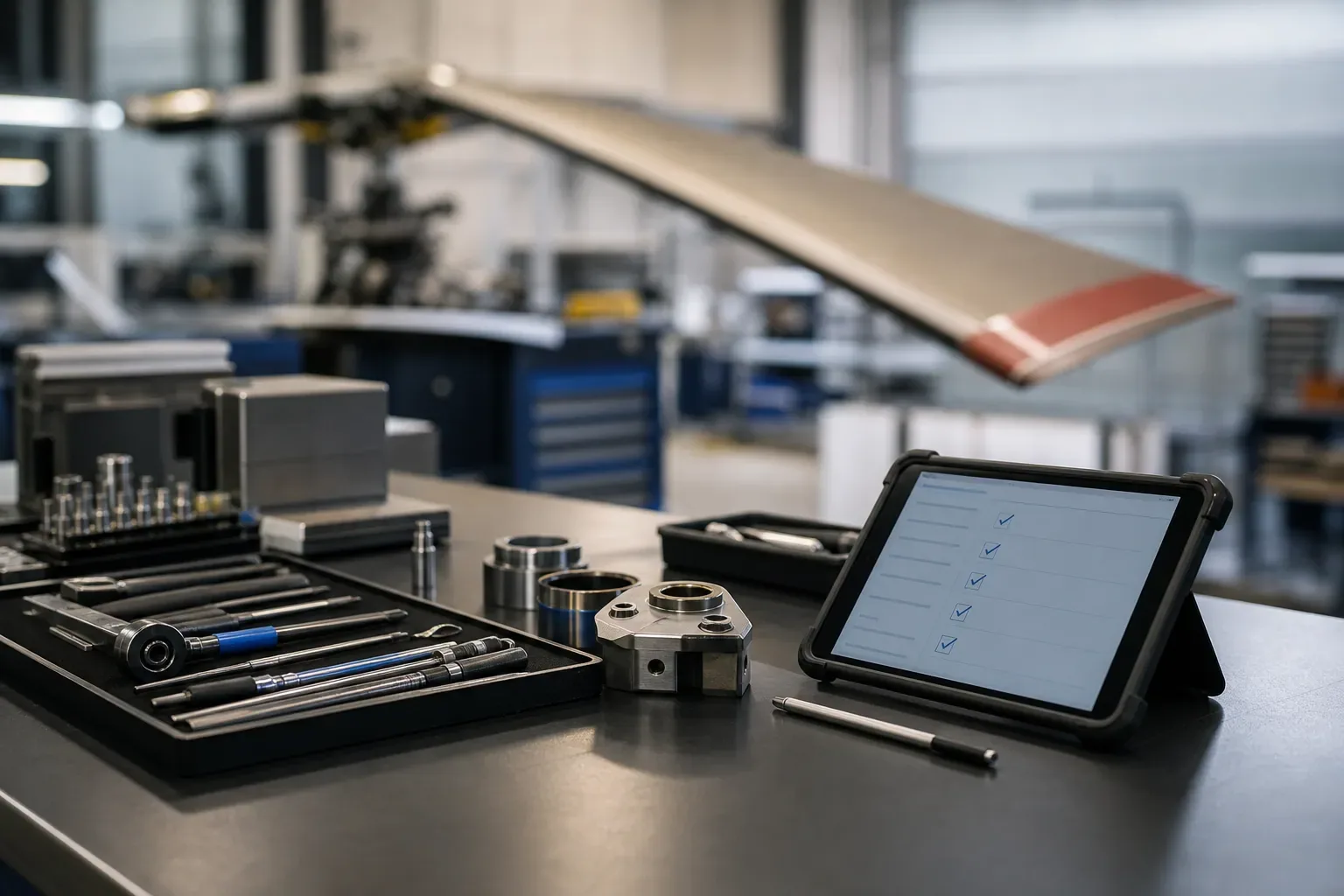Établi d’atelier de maintenance aéronautique avec une tablette affichant une liste de contrôle