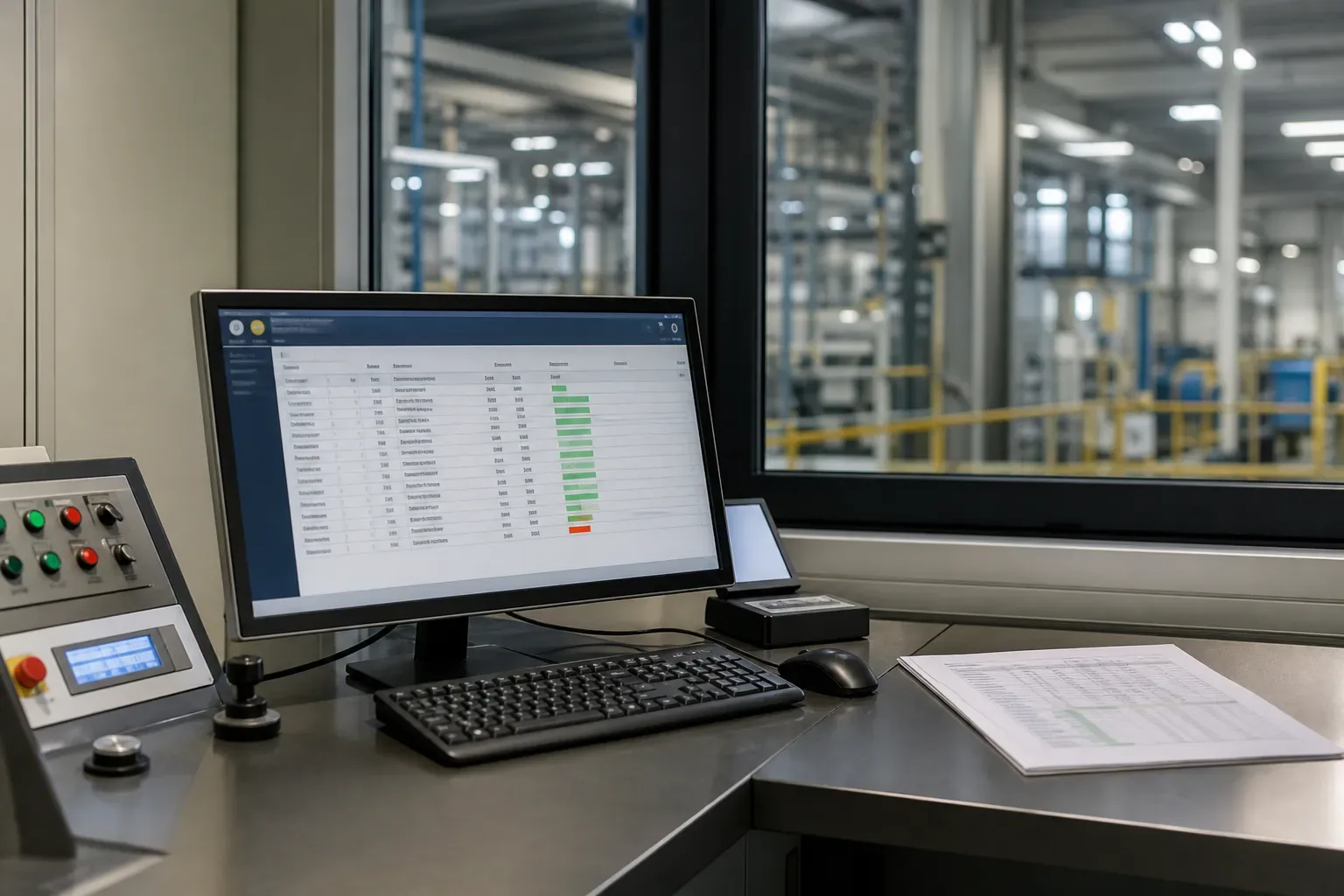 Salle de contrôle industrielle avec un écran affichant une liste de mesures et de tolérances