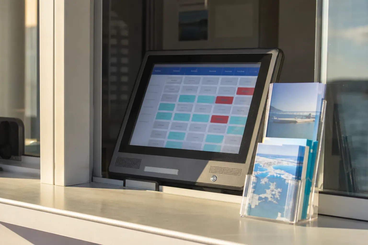 Guichet de billetterie maritime avec un écran tactile affichant une grille d’horaires de navettes