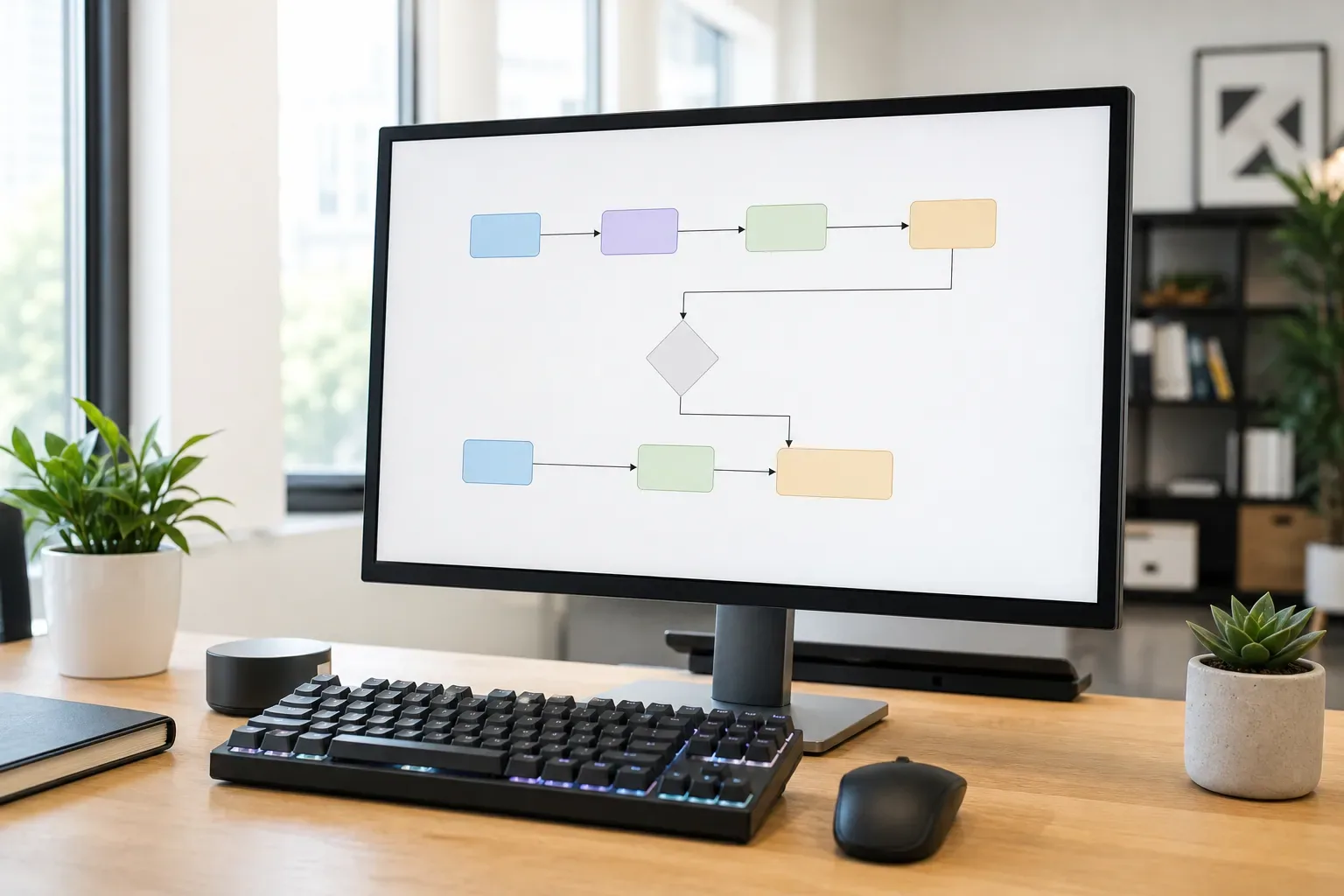 Poste de travail avec un moniteur affichant un schéma simple de flux automatisé