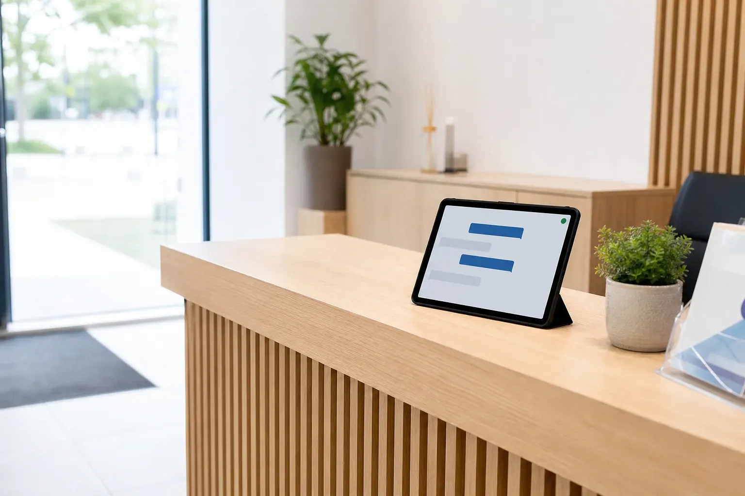 Comptoir d’accueil avec une tablette affichant une fenêtre de conversation et un badge de statut