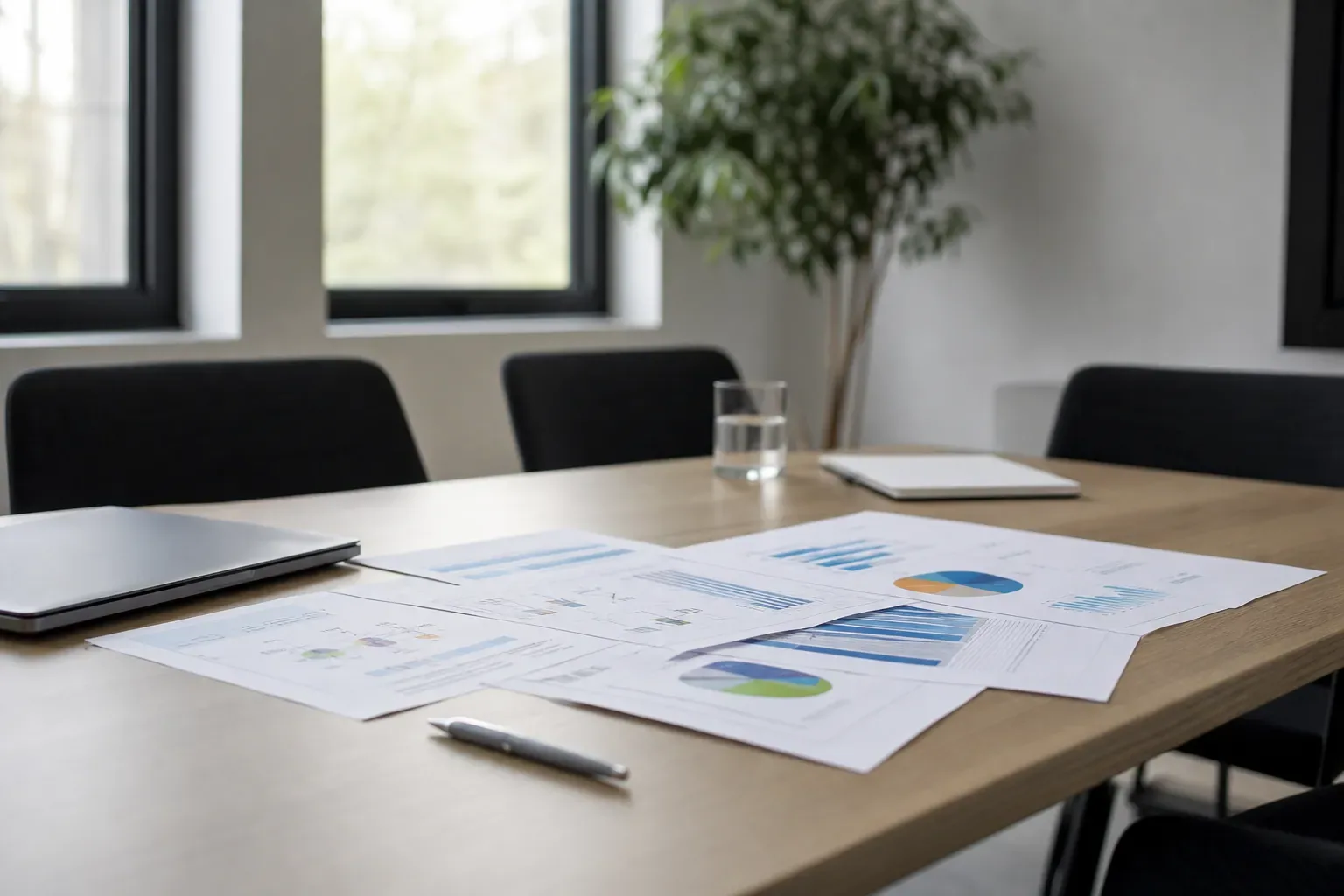 Table de réunion avec des documents de diagnostic imprimés et un ordinateur portable fermé